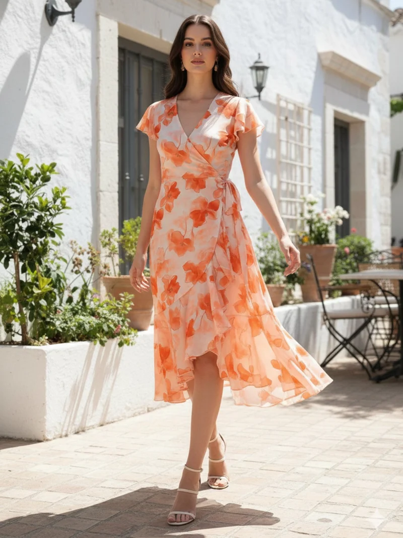 Outzidr  Midi Length Printed Dress with Flounce for Women | Best Price UAE